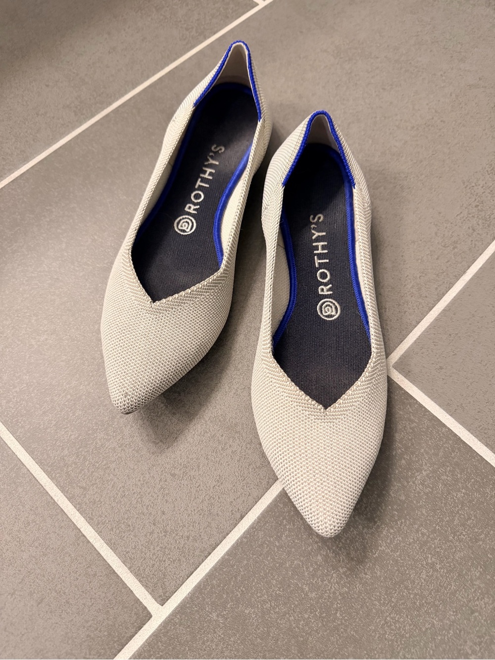 Rothy's Pointed Toe Flats in Light Gray with Blue Trim